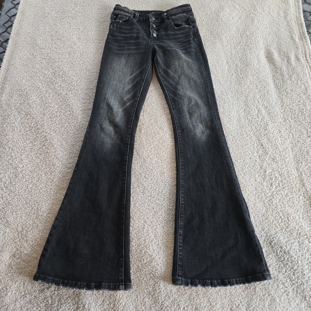 Rockin' C Button Fly Flare Jeans Black Wash Distressed Festival Rodeo Size 27